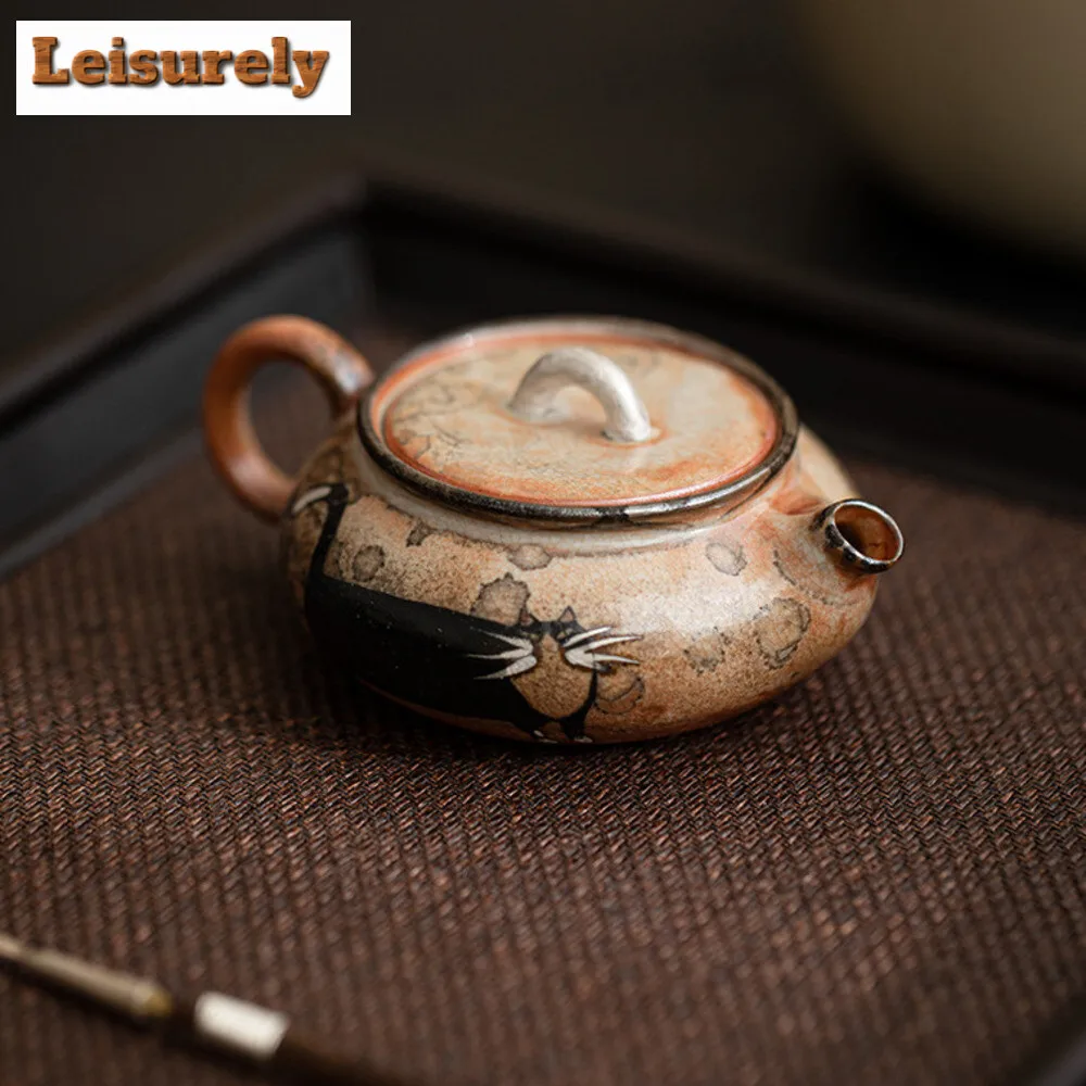 80ml Kiln Transformation Zhiye Cat Stone Pot Hand-painted Silver Lid Mini Pot Brewing Tea Ball Hole Filter Kettle Gongfu Teaware