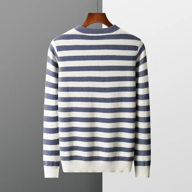 MVLYFLRT Autumn Winter New Cashmere Sweater Men's O-Neck Pullover 100% Beautiful Wool Knitted Stripe Contrast Top Hot Selling