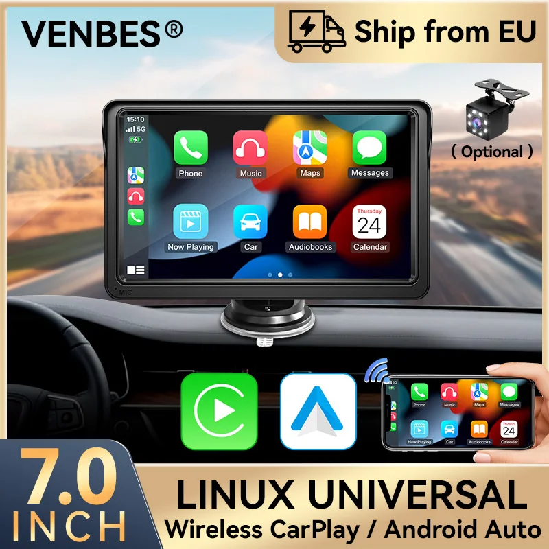 VENBES 7" Autoradio Carplay & Android Auto Tragbare Mirrorlink Touchscreen Rückfahrkamera AUX USB Typ-c
