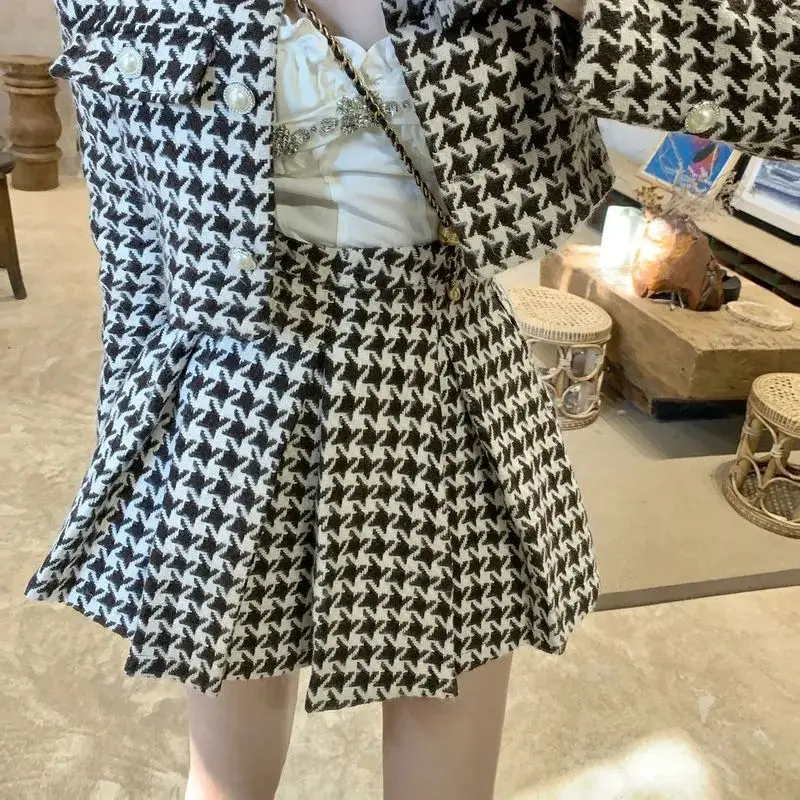 Plaid Casual Two-Piece Suit for Women, Houndstooth Loose Single-Breasted Retro Jacket, Pleated Skirt Suits, Spring Autumn, New