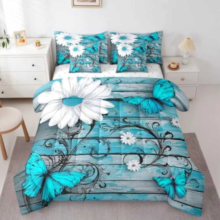 

Butterfly Comforter Set Rustic Flower Bed in A Bag Size 7 Pieces White Chic Floral Bed Set Room Decor Retro Vintage Romantic St