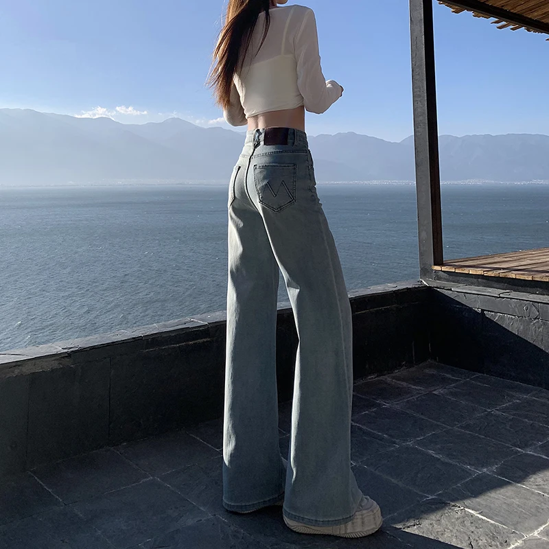 Celana Harem Wanita Nyaman Pinggang Tinggi, Jeans Flare Santai, Celana Bootcut Denim Stretch, Celana Bell Bottom Wanita Warna Solid