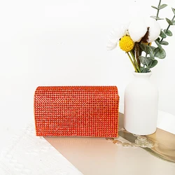 Luxury Designer Orange Rhinestones Evening Clutch Bag Female Crystal Diamonds Square Dinner Party Shoulder Purses