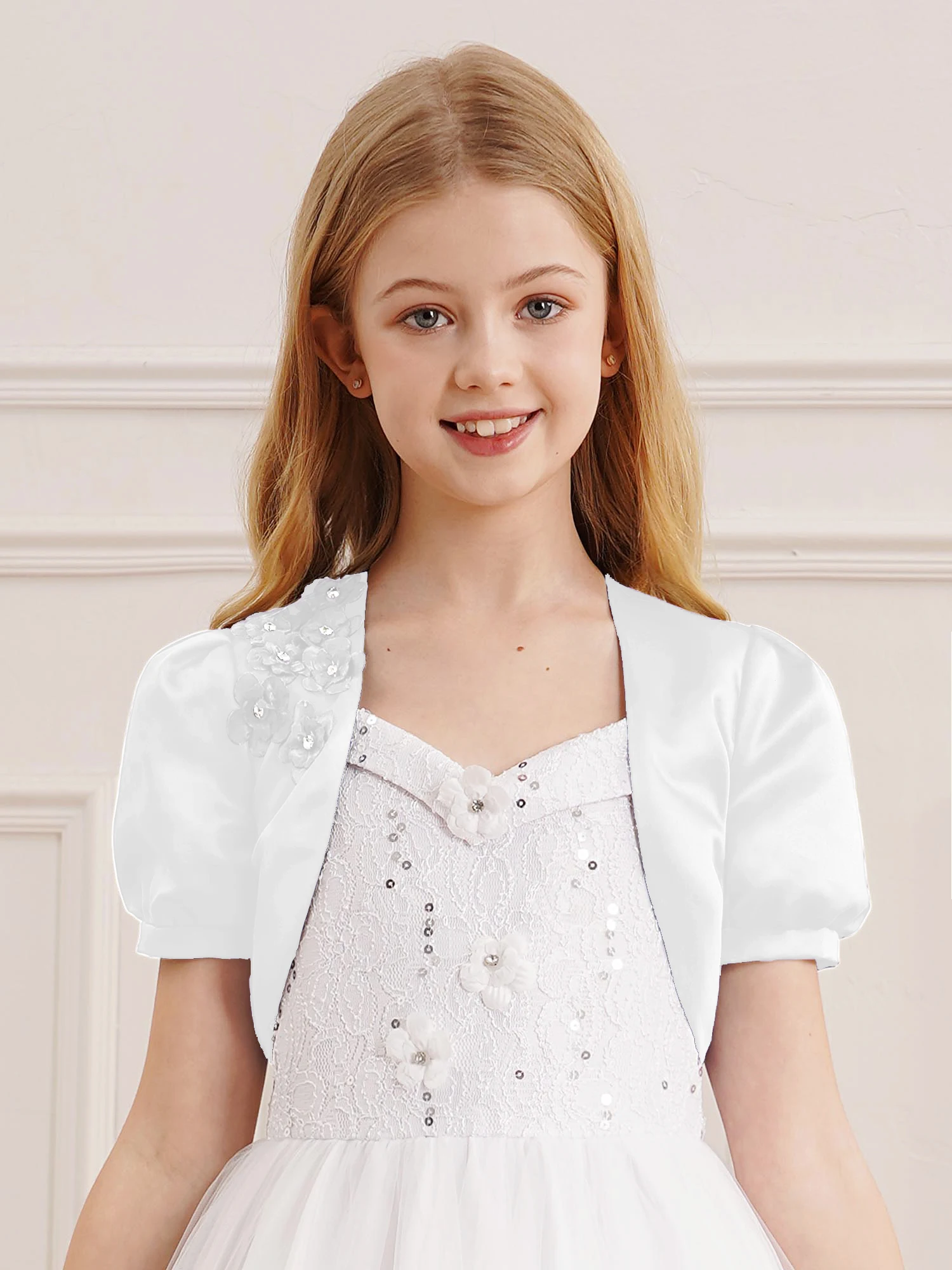 Kids Flower Girls Bolero Jacket Party Accessories Princess Wedding Dress Up 3D Applique White Princess Shawl jacket Outwear