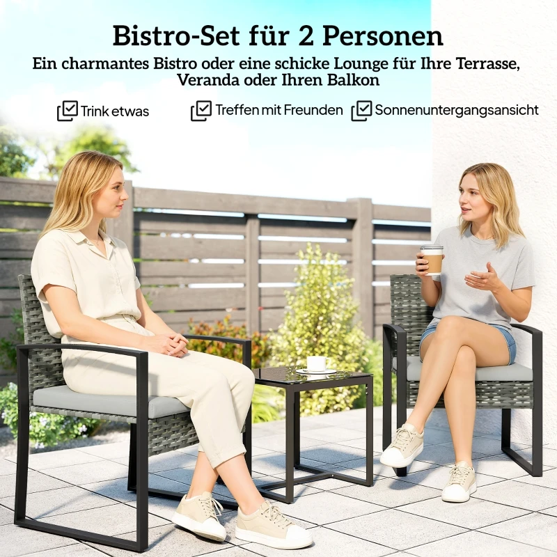 Ensemble bistro 3 pièces en rotin gris clair, 2 chaises de jardin et table basse, coussins amovibles, mobilier de patio pour balcon