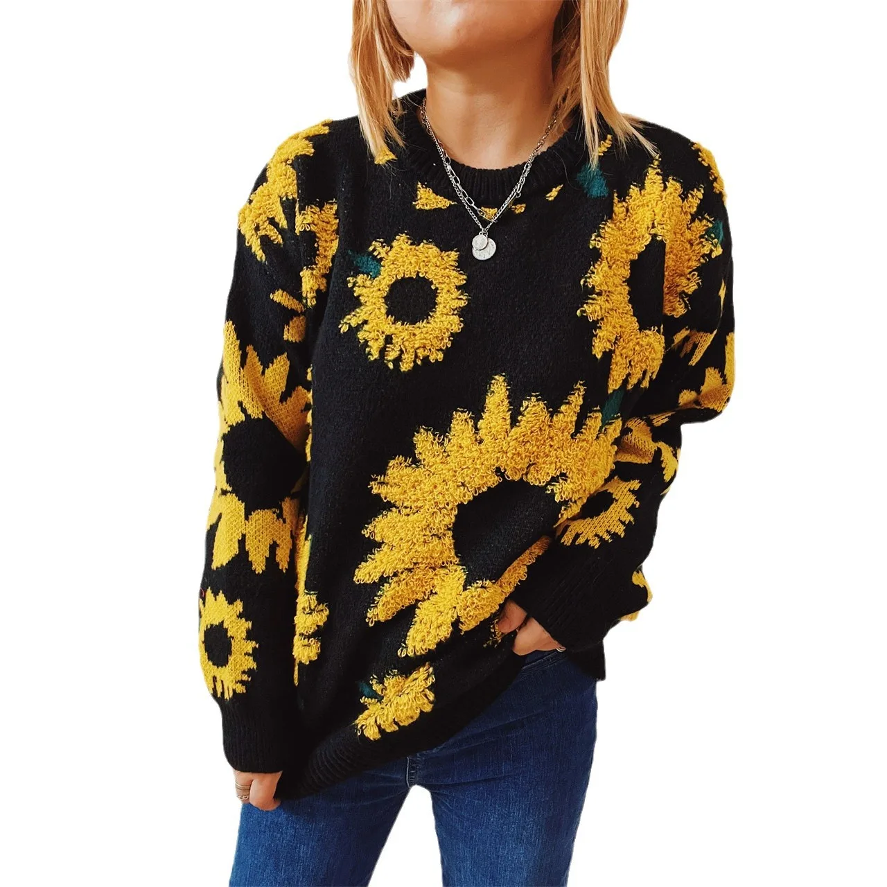 Sunflower O-neck Sweater Women Jacquard Autumn Winter Simple Pullover Knit Elastic Jumper Casual Thick Loose Warm Y2k Jumpers