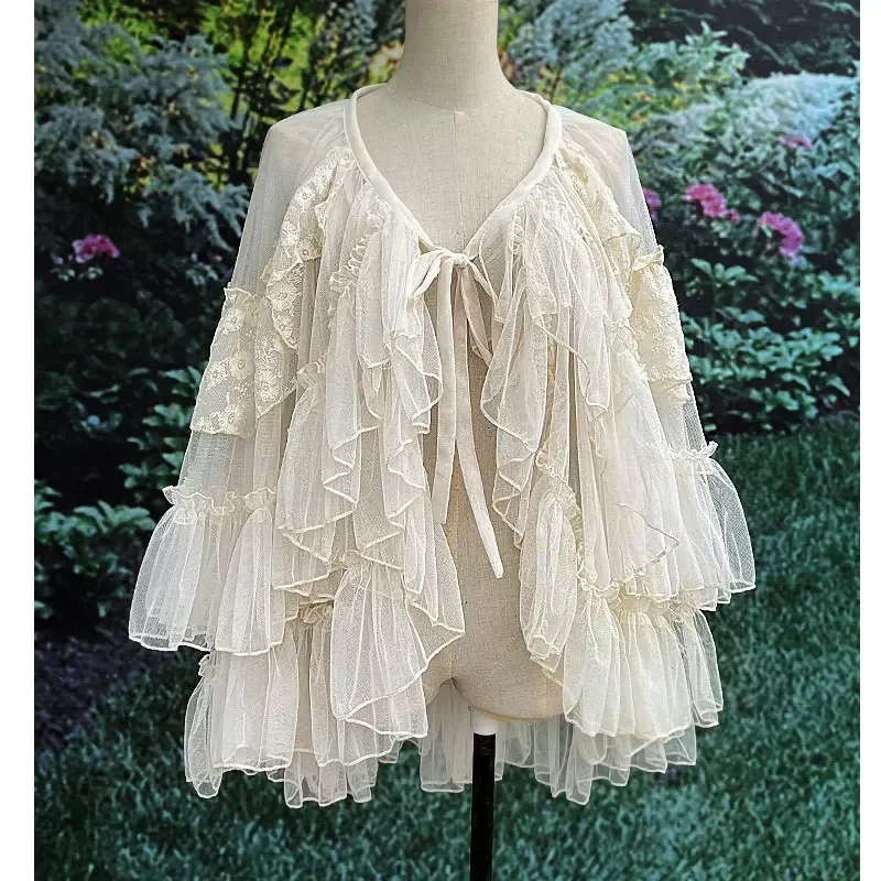 Sweet Lolita Cloak Double Layer Lace Asymmetrical Ruffled Gothic Women Cute Summer Mesh Sheer Cover Up Thin Princess Skirts