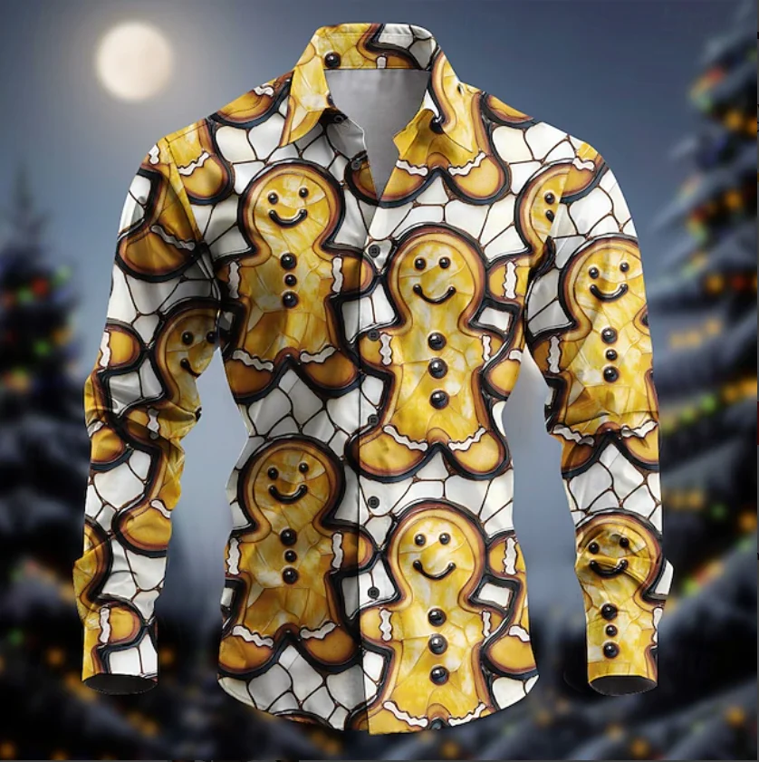 New Men's 3D Printed Formal Shirt Christmas Snowflake Pattern Flip-over Long Sleeve Shirt Fashionable Men's Shirt