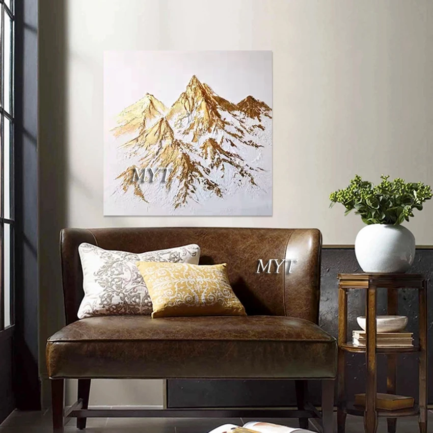 High Mountain Landscape Abstract Canvas Painting, No Framed, Office Wall Art Decor, Acrylic Artwork, Gold Foil Textured Picture