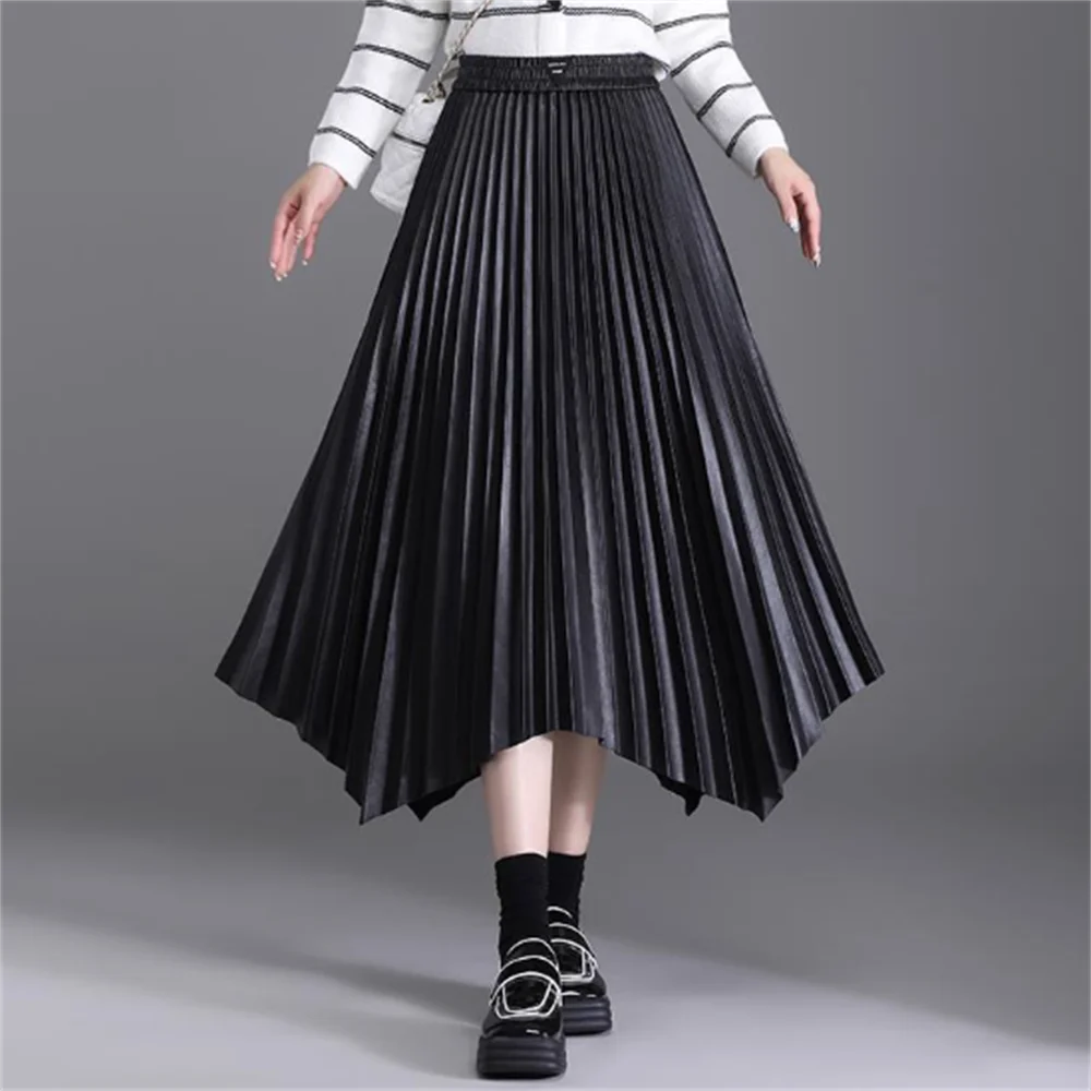 

Irregular PU leather stretch waist new high waist slim pleated skirt women