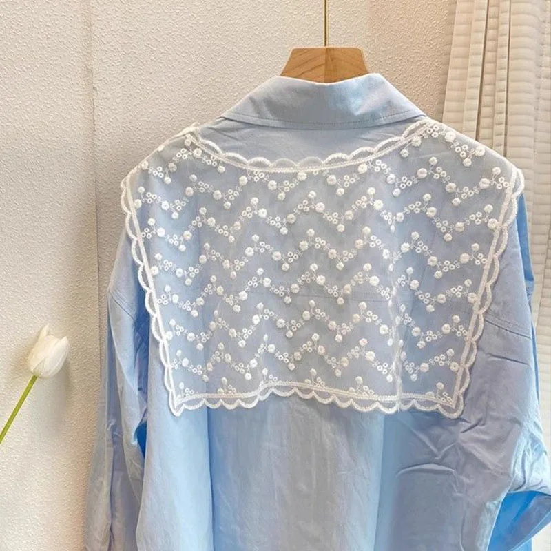 French Lace Shawl Summer Shirt Decorative Short-sleeved Splicing Fashion with Pieces Girl Cute Sweet Belt Mesh Embroidered Shawl