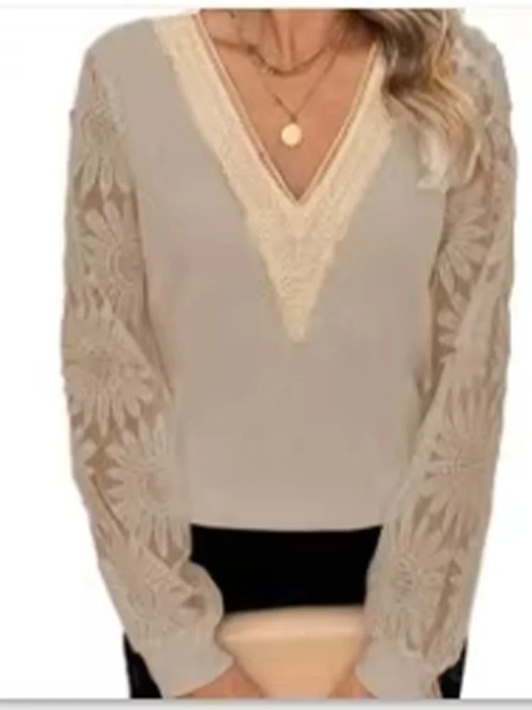 3 Solid Color Perspective Lace Long Sleeve Blouse Women\'s V-Neck Hollowed Out T-Shirt Elegant Daily Office Autumn Top