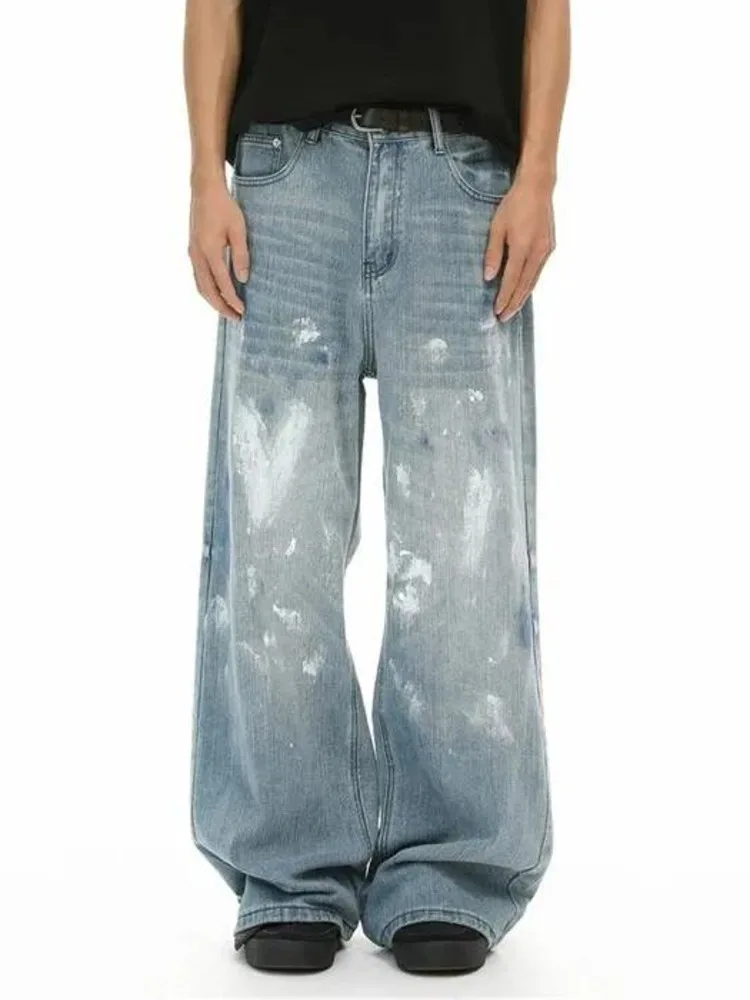 Men's Denim Pants Light Blue Washed Ink Splash Print Heart Tie Dye Straight Wide Leg Casual Baggy Jeans YYW9