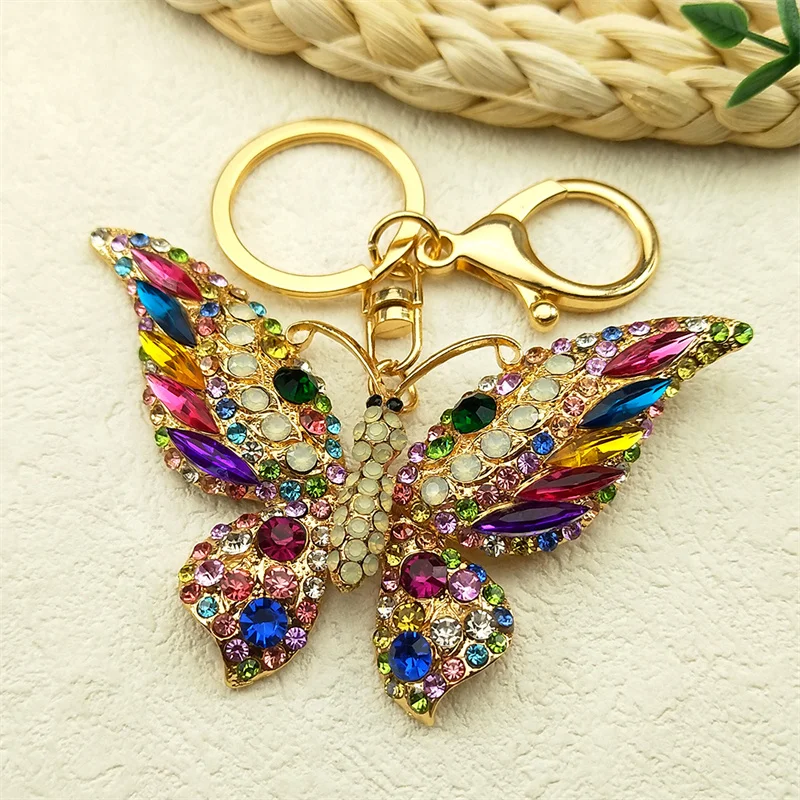 Colorful Rhinestone Butterfly Key Chain Pendant Gold Color Metal Animal Insect Keyring for Women Girl Jewelry Gift llaveros