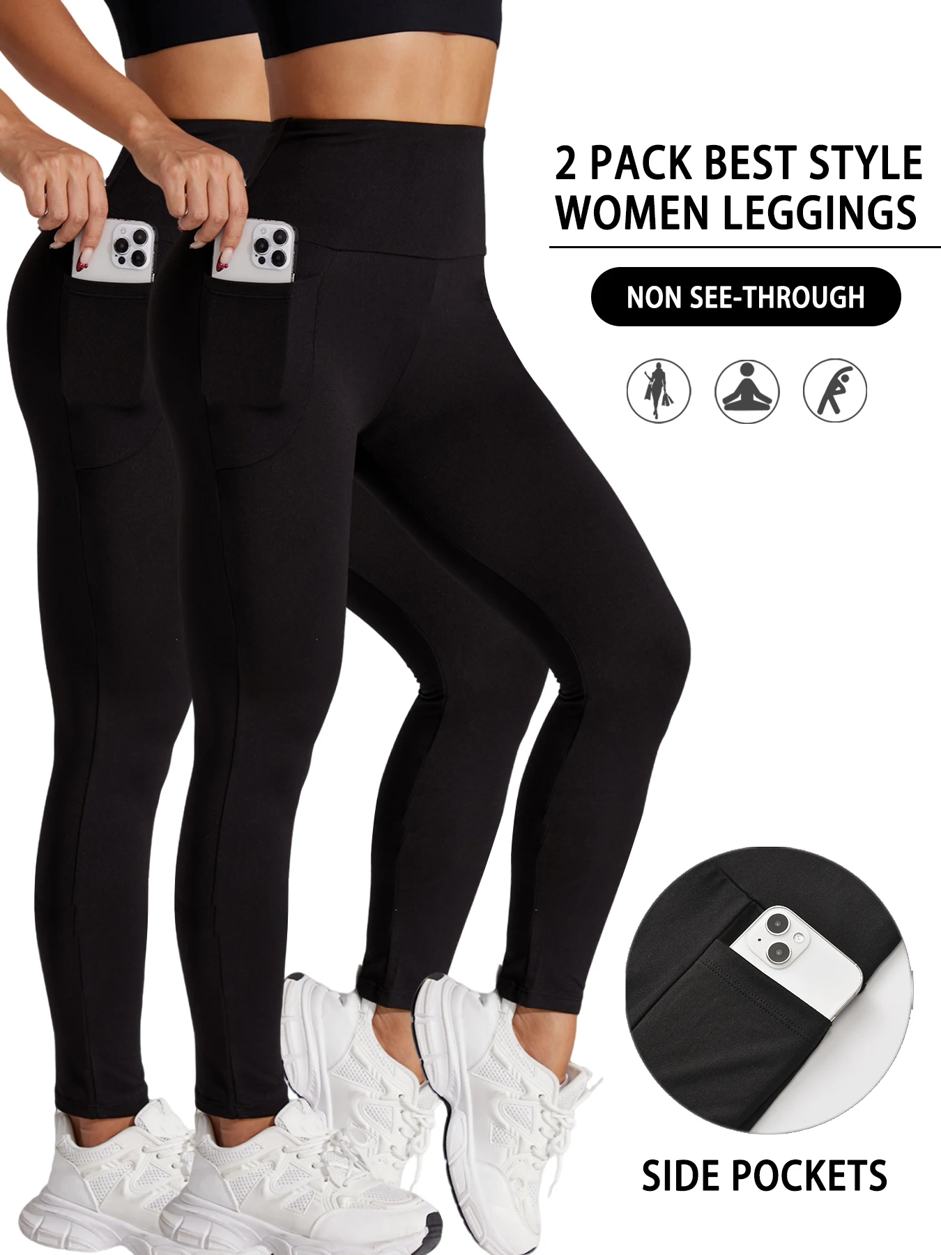 

2 Pack Super Soft Sports Leggings With Pockets For Women High Waisted Workout Yoga Running Tight Pants Push Up Gym Fitness