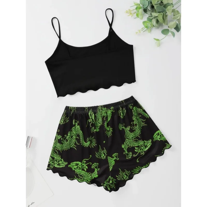 Sexy Nightwear Women Printed Dragon Vest Halter Top Shorts Leopard Print Pajamas Homewear Suit Ladies Sleepwear Loungewear