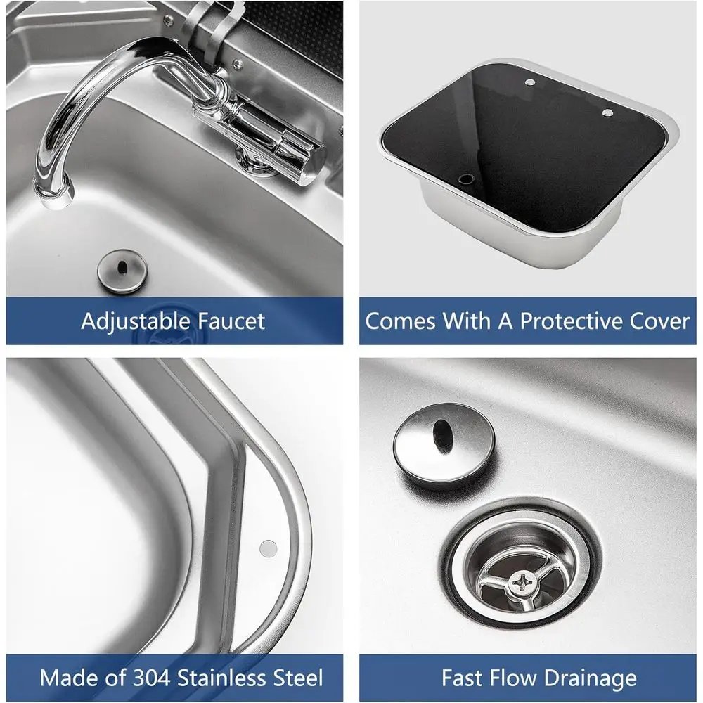 RV-gootsteen, 16,54 x 14,57 x 5,91 inch kleine roestvrijstalen bar-campinggootsteen met inklapbare kraan en deksel van gehard glas voor camper-trai