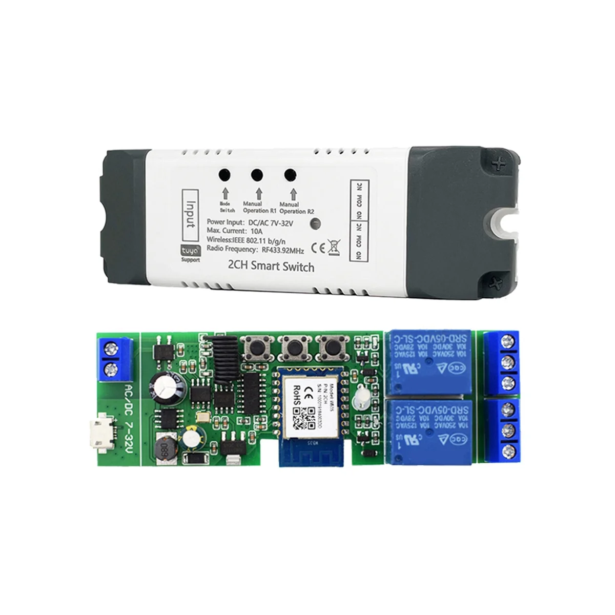 Módulo de relé de interruptor WiFi inteligente Tuya, 2 canales, CA/CC, 7-32V, RF/aplicación, Control remoto inalámbrico, hogar inteligente para