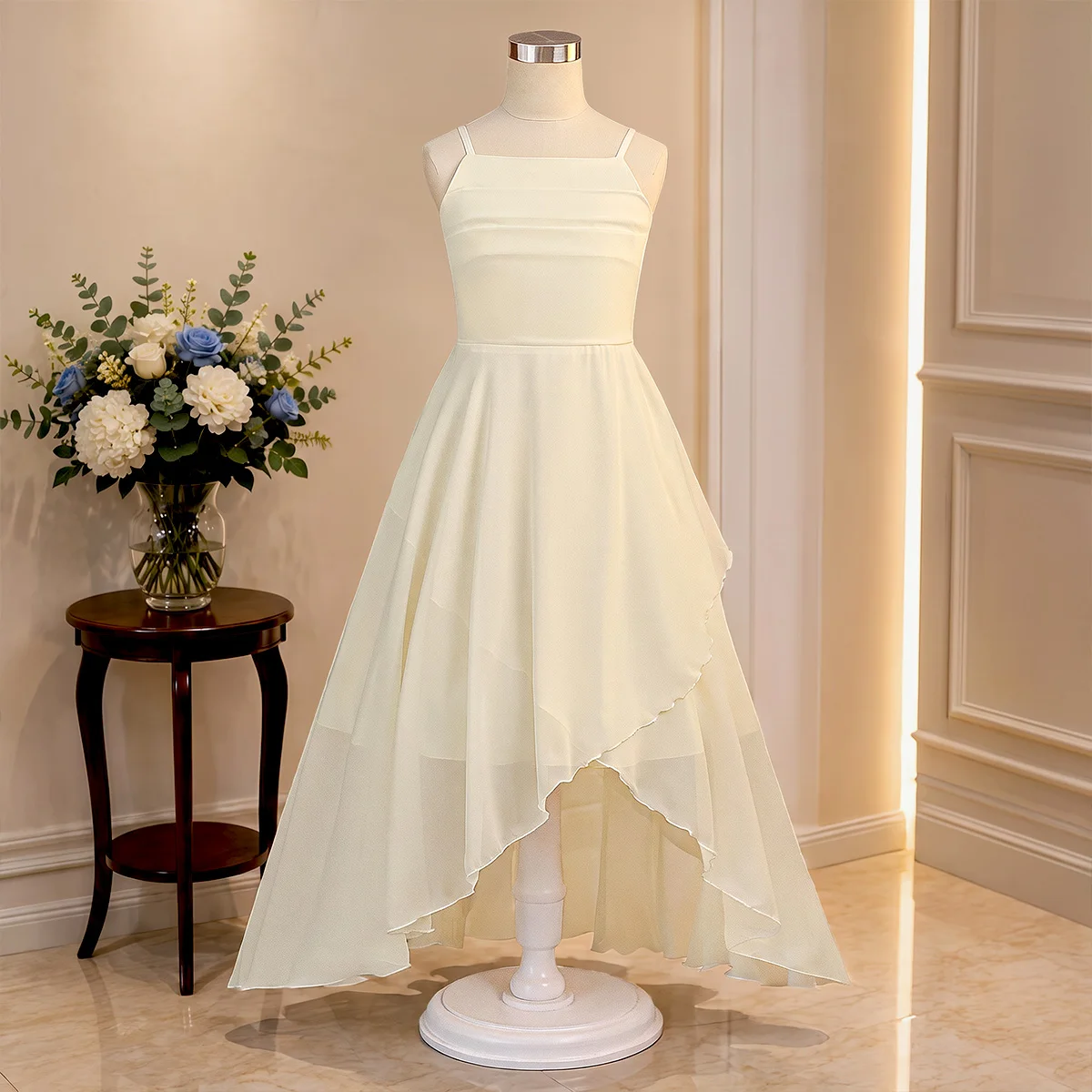 Girls' party dress featuring a camisole style bodice with ruching and a fitted waist an asymmetrical hem and tiered ruffles