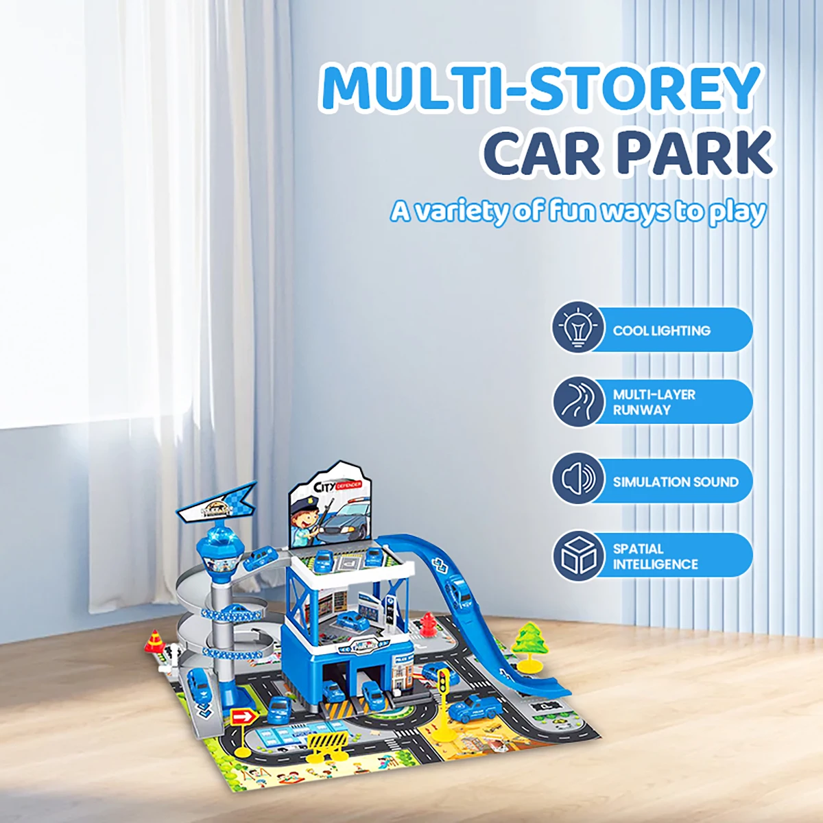 DIY Assembled Track City Parking Lot Lights Rail Car Inertia Vehicle Engineering Car Toys with 3 Piece Alloy Race Car Boys Gift