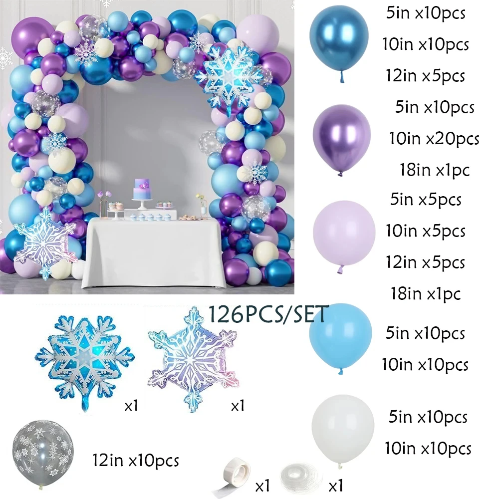 126Pcs Blue Purple White Balloon Arch Kit,Frozen Snowflake Foil Balloon for Princess Wonderland Birthday Party Baby Shower Decor view 2