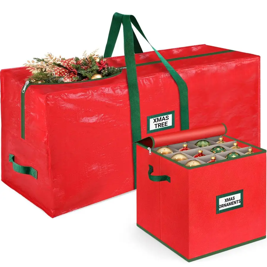 

Набор: сумка для хранения елки и коробка для украшений, водонепроницаемый органайзер для хранения елки высотой 7,5 футов и органайзер на 64 отделения с разделителями.