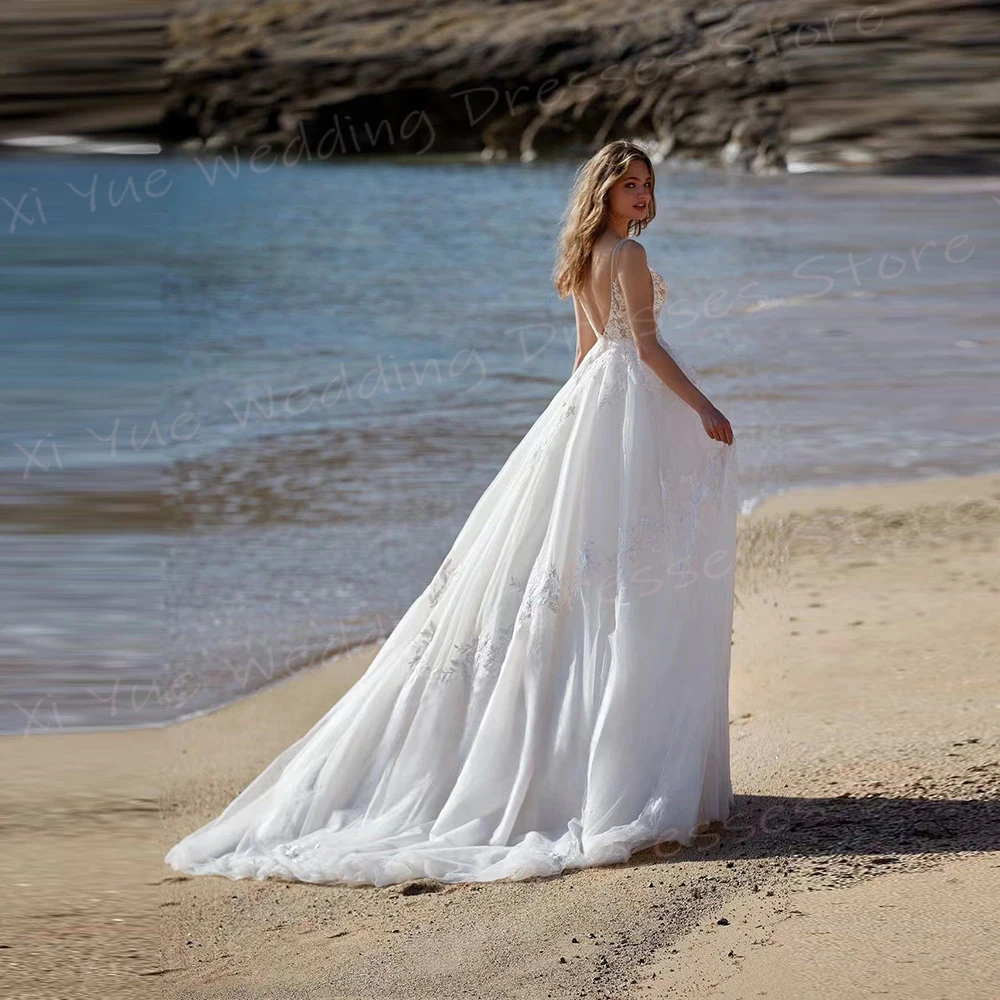 Vestidos de casamento femininos fascinantes, apliques graciosos, vestidos de noiva com renda, vestido de praia clássico com decote V