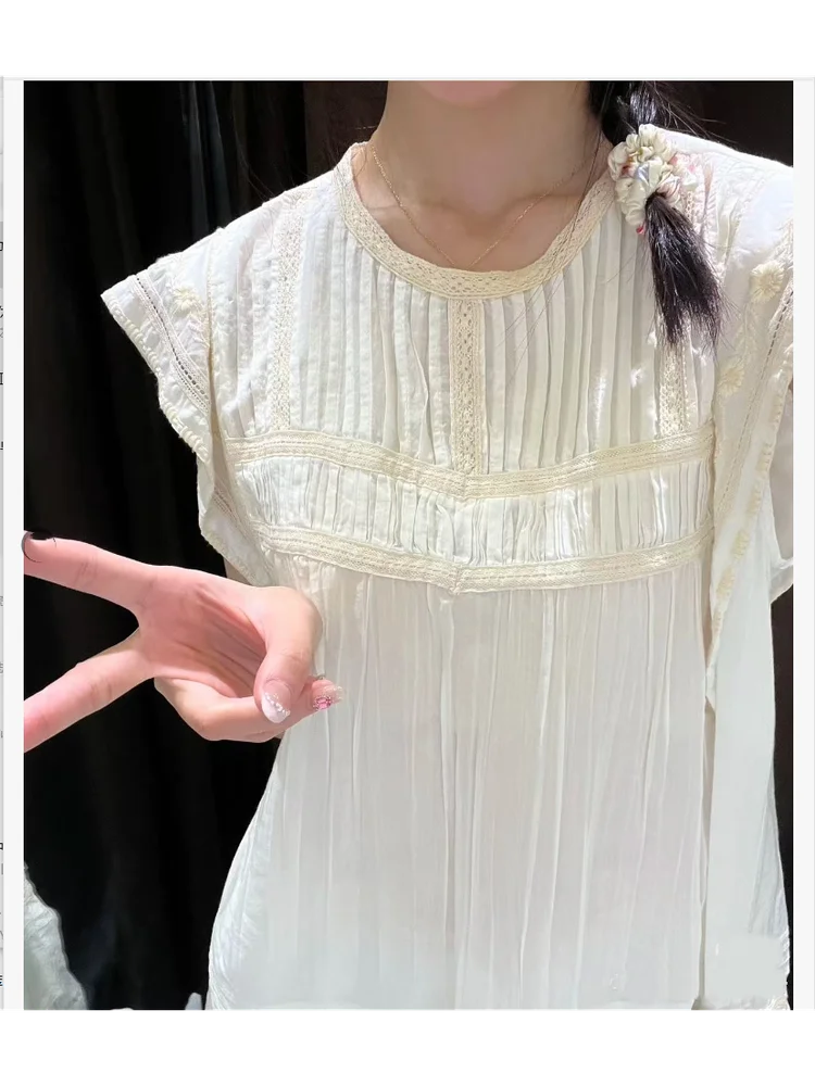 

Summer 2025 New Sweet Faionable White Lace Embroidery Svel round Ne irt Women's Top Princ Sle Loose Fit Cotton