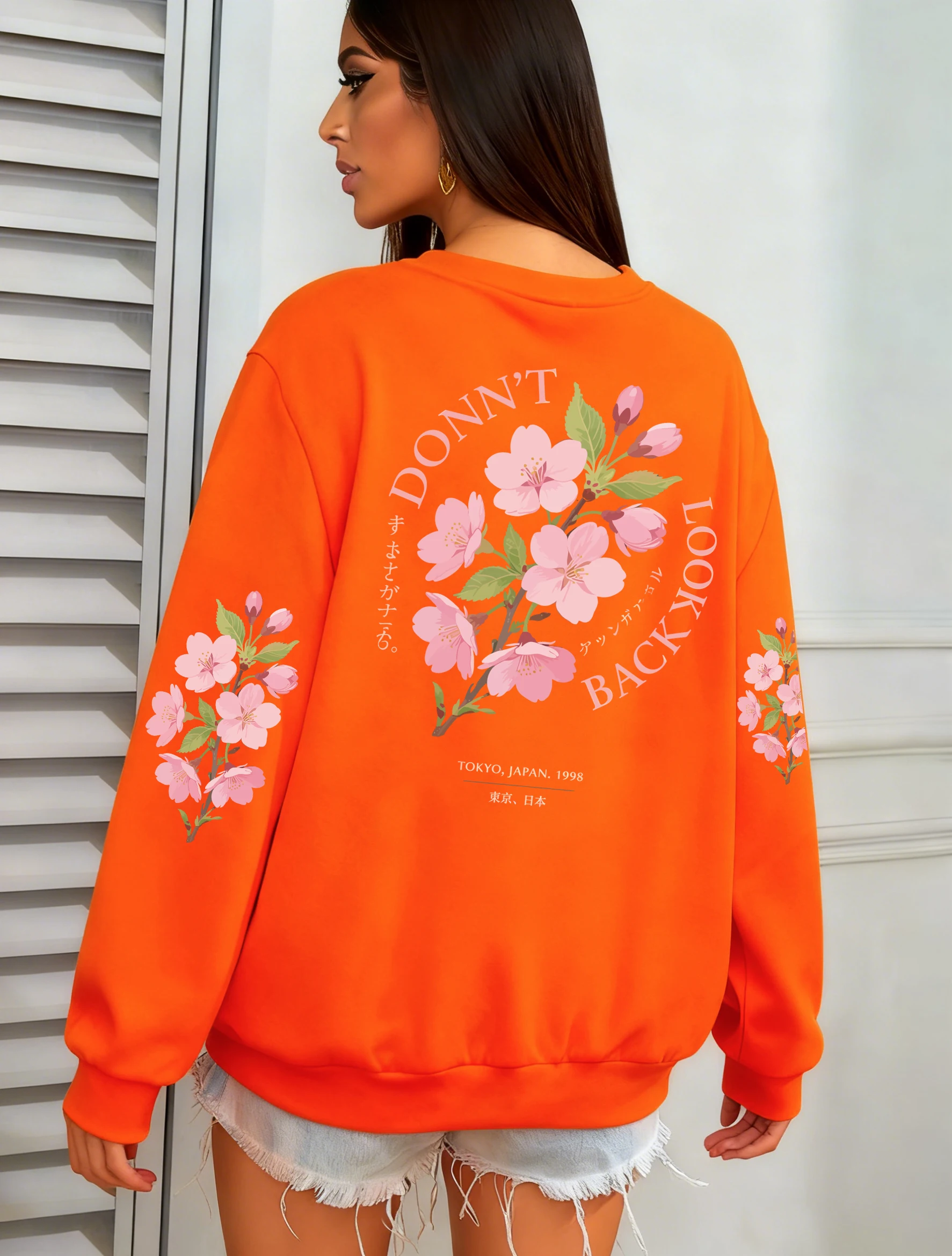 Don'T Look Back Tokyo Flower Design Womens Sweatshirts Y2K Loose Pullover Autumn Fleece Streetwear Casual O-Neck Clothes