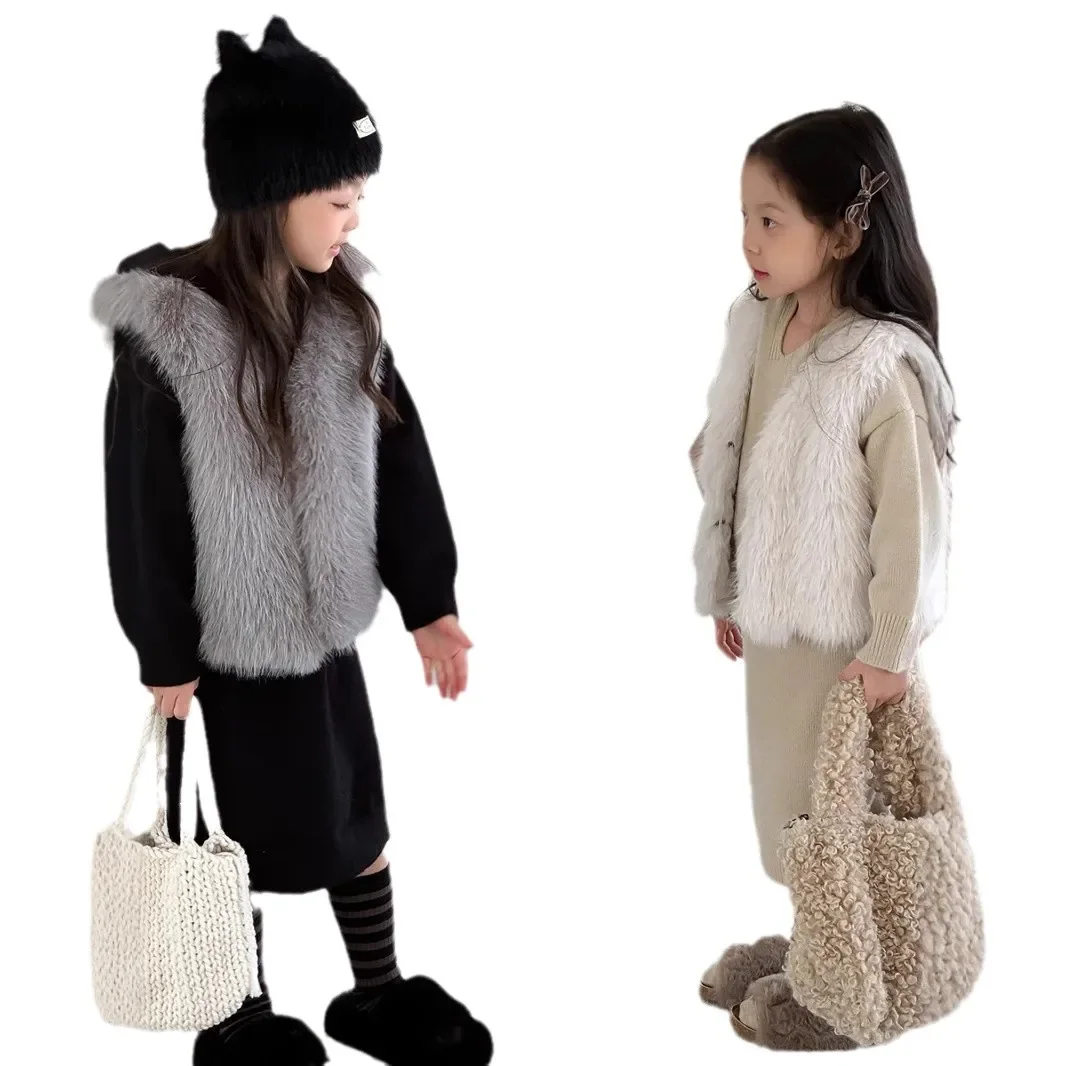 Children Clothes Girls Korean Style Fur Vest Baby Winter Solid Color New Fashionable Warm Casual Girls Sweet Soft Kids Waistcoat