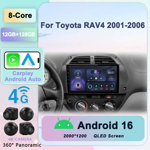12G + 128G Android 16 2DIN Radio de coche reproductor de vídeo Multimedia navegación GPS para Toyota RAV4 2001 2002 2003 2004 2005 2006