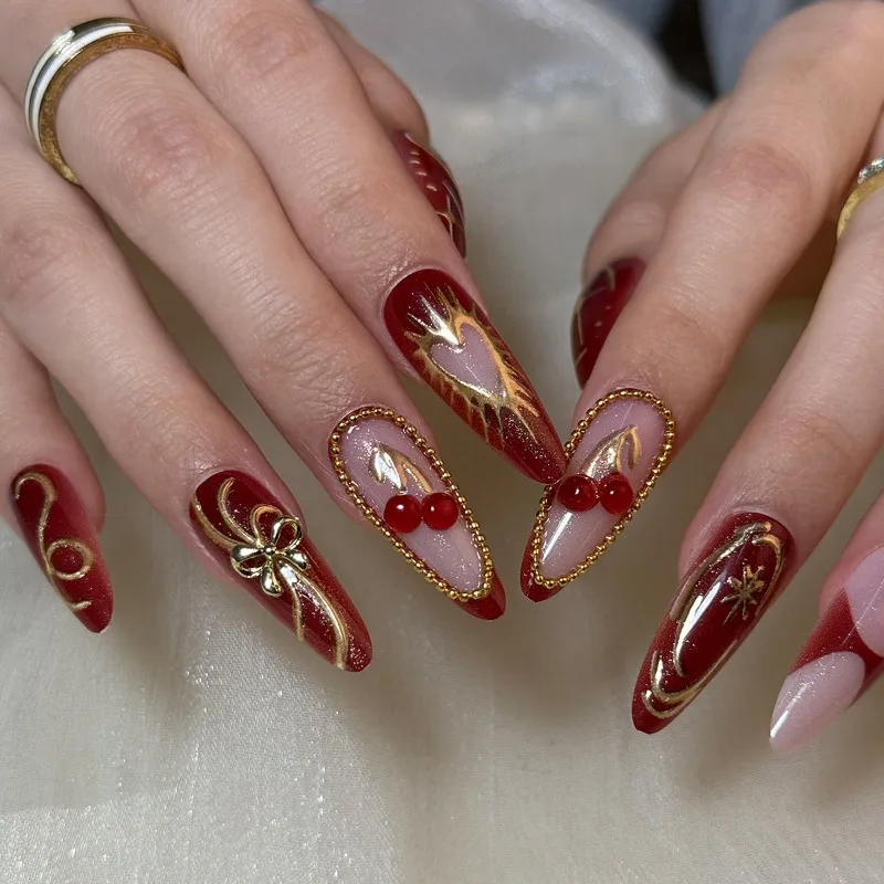 

24PCS False Nails Almond Shape Gilded Cherry Bow Press on Nails Sweet Cool Chrome Ins Style Wearable Fake Nails for Women Girls