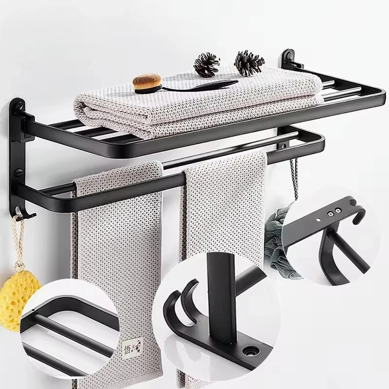 

Matte Black Double Towel Bars Bathroom Towel Hanger Space Aluminum Bathroom Accessories Towel Rack Towel Ring