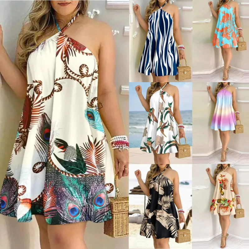 Women Loose Vintage Ruffles Befree Dress Sexy Strip Strap Halter Summer Vest Tank Boho Casual Holiday Party Midi Dresses