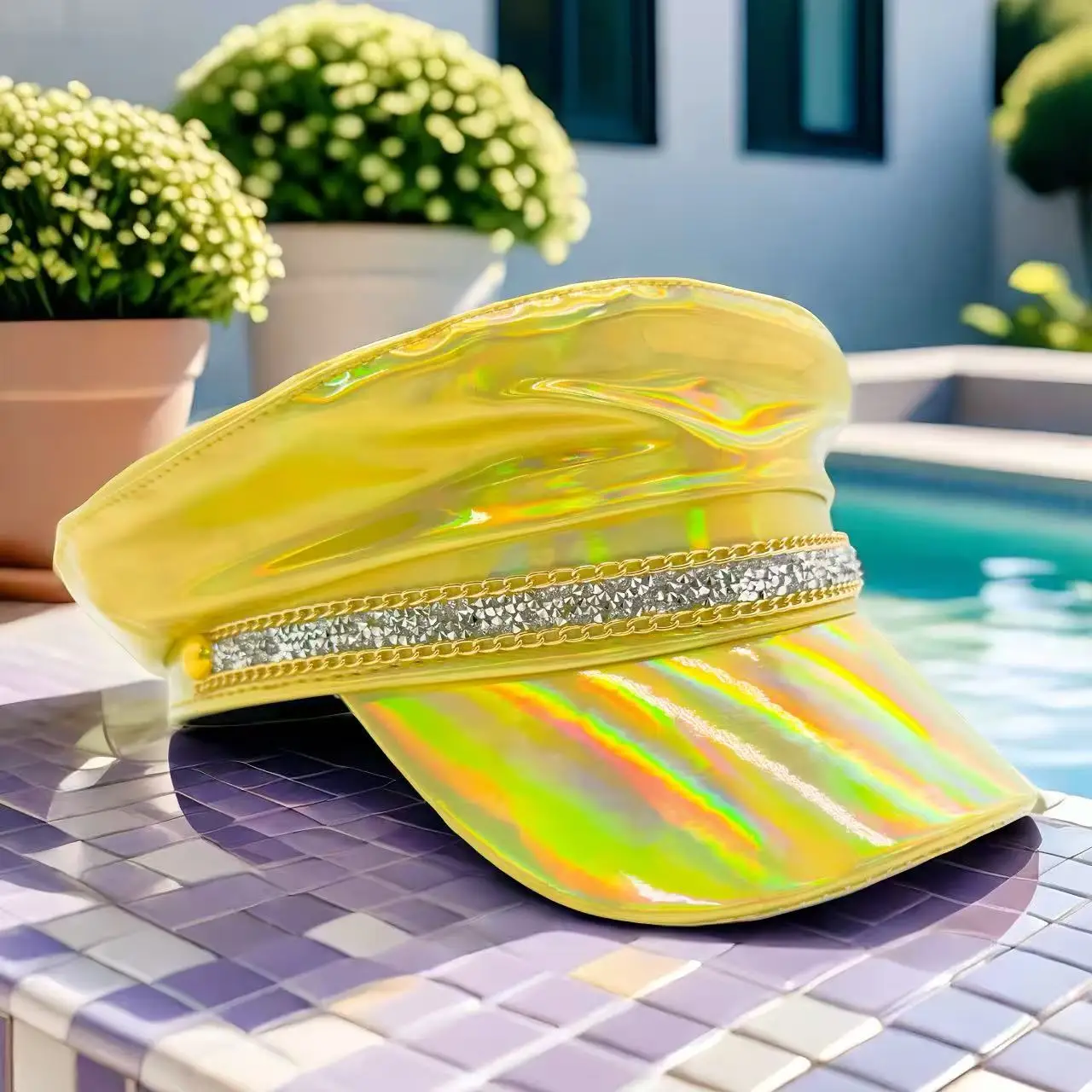 HongLuan  Laser Leather Captain Hat Rhinestone & Military Caps for Woman, Rave Festivals Accessories ＆ Party Cap Man Cosplay Fem