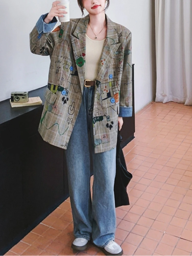 Onecozyday 2025 Primavera e autunno Giacca casual ampia da donna nuova Giacca di media lunghezza Cappotto con stampa graffiti Abbigliamento quotidiano Capispalla