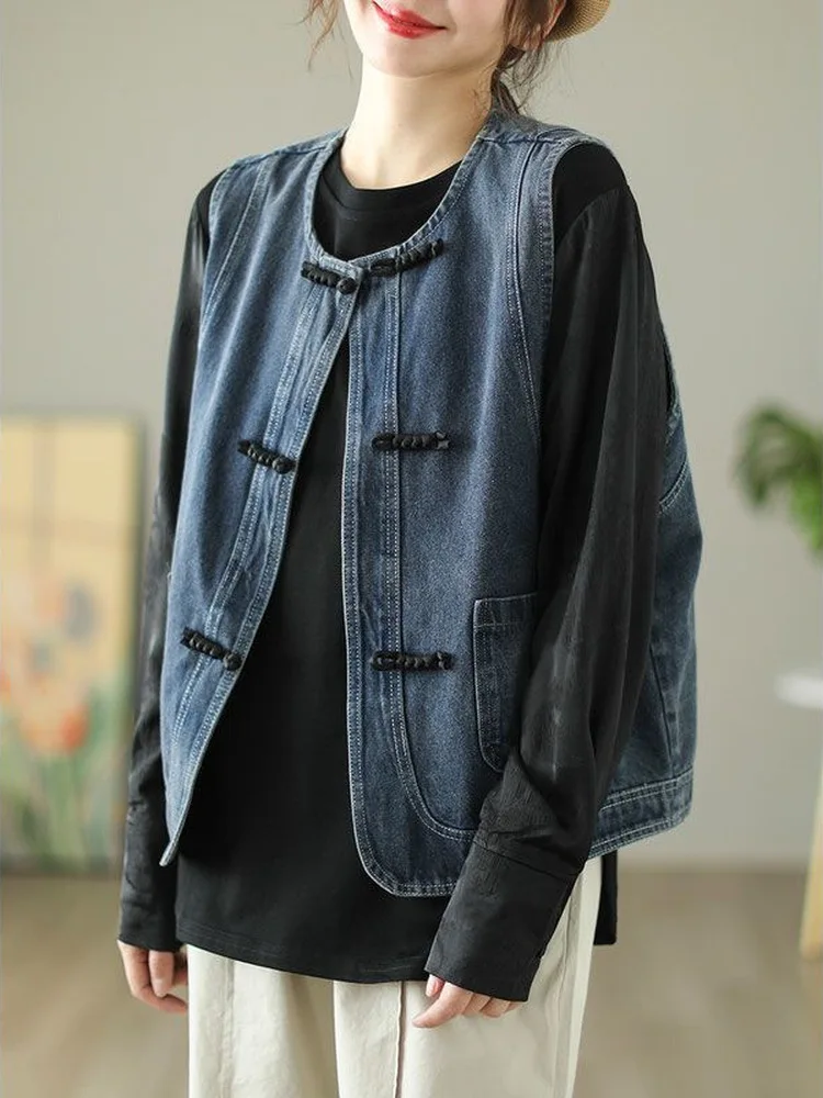 Chinese Style round Neck Denim Vest Women's Spring Autumn Layering Versatile Commute Personality Small Size Outerwear