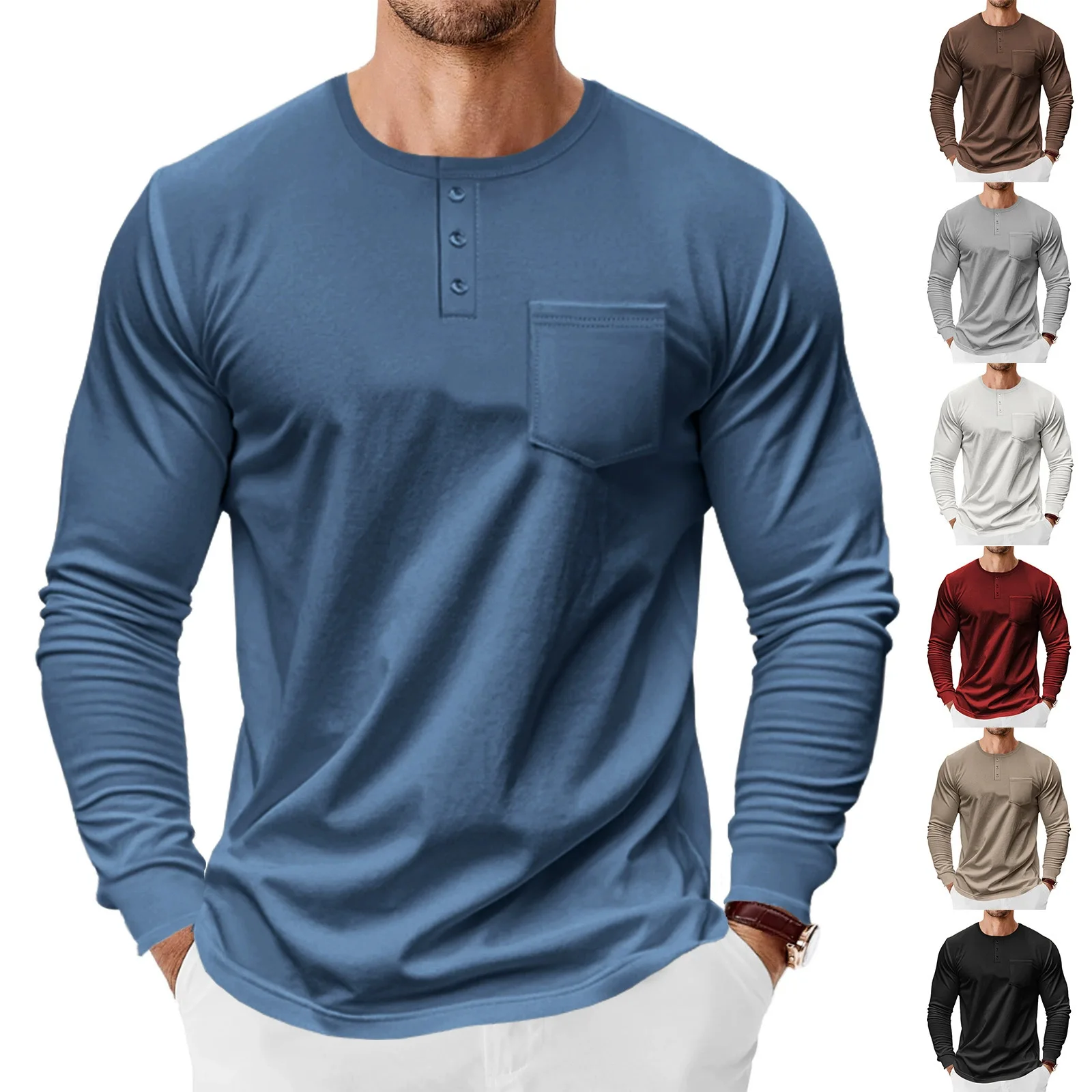 Spring And Autumn Men's Casual Henry Shirt Long Sleeve Tough Guy Men's Breathable Quick-Drying Sticker Bag T-Shirt Men