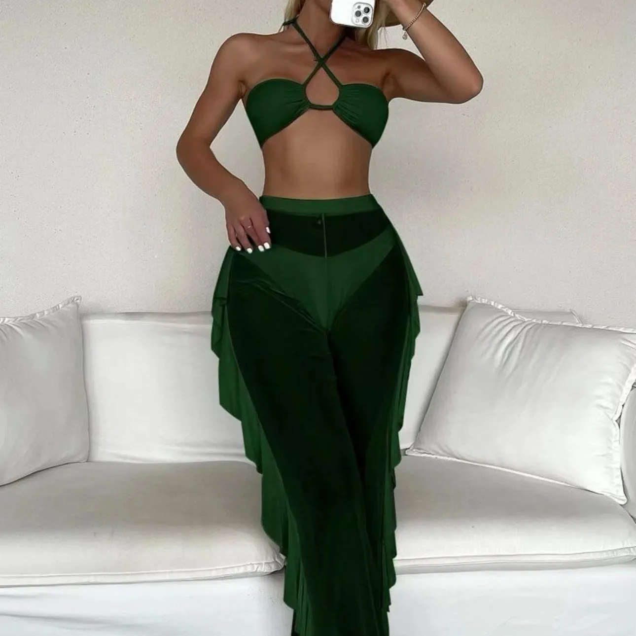 2025 новый сетчатый однотонный сексуальный купальник из трех частей бикини с разрезом и стрингами