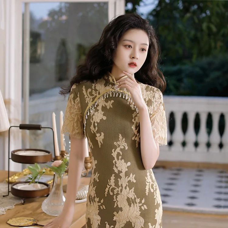 New Fashion Lace Cheongsam Mid-Length Double Layer Improved Slim-Fitting Daily Banquet Dress