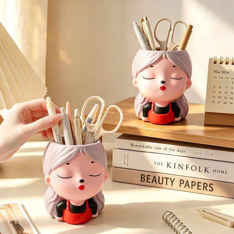 Multi Use Closed Eyes Girl Resin Figurine Pen Holder Small Succulent Planter Pot For Bedroom Study Desk Window Sill Decor Accent
