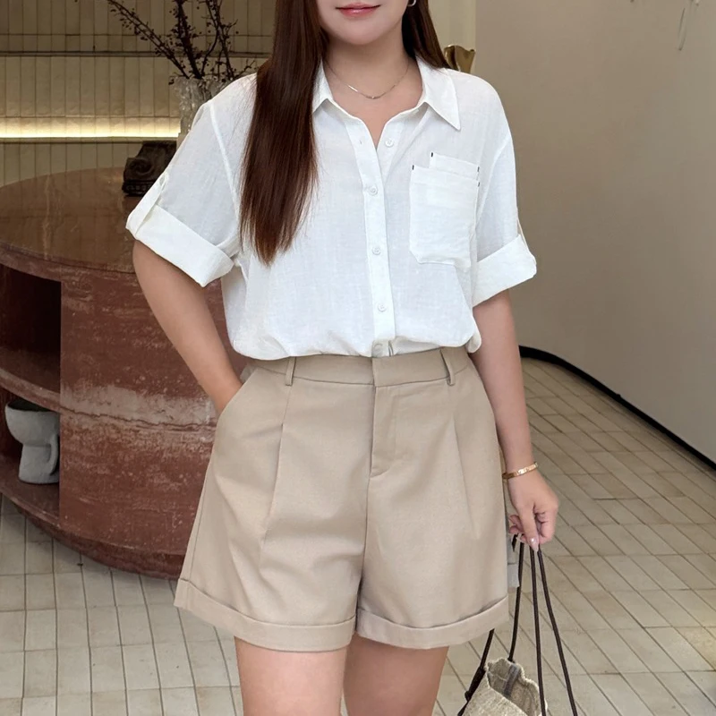 

2026 Spring Summer Premium Plus Size High Waist Cuffed A-Line Blazer Shorts Casual Commuter Bottoms For Curvy Women 8670