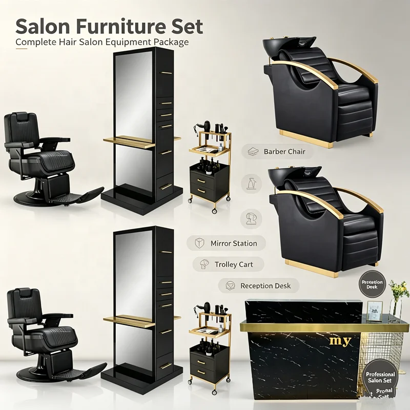 Modern Durable Eco-Friendly Portable Luxury Hair Salon Mirror and Chair Set with Leather Gold Finish-Custom Salon Equipment