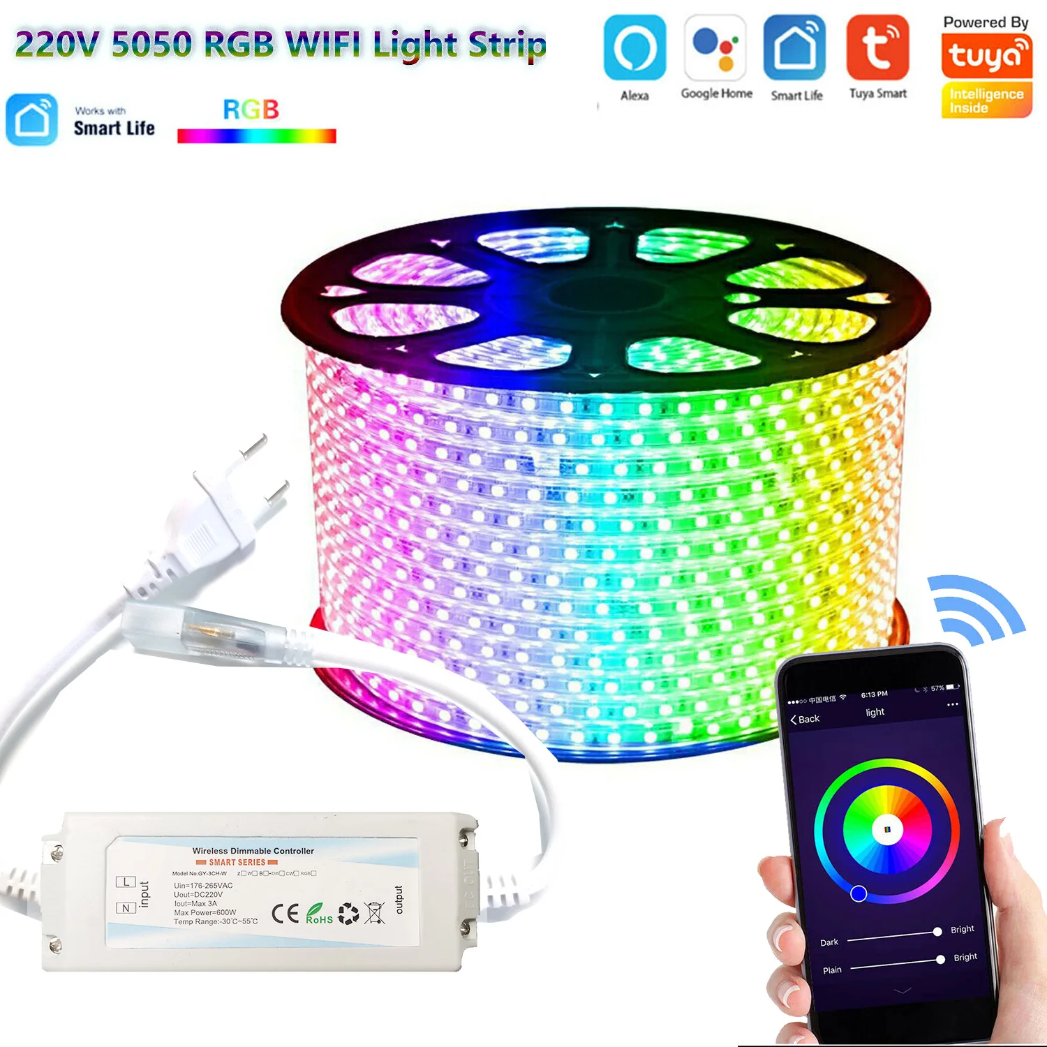 Tira de luces LED con atenuador de voz para el hogar, tira de luces de 220V y 230V con Wifi, compatible con Smart Life, Tuya, SMD5050, RGB, CCT,