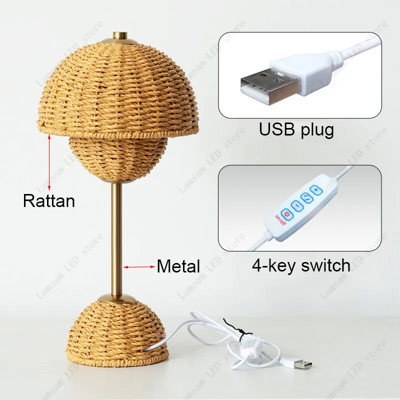 Rattan Flower Bud Lamp USB DC Powered Pastoral LED Desk Light Tricolored Bedside Night Light Living Room Hotel Dining Room