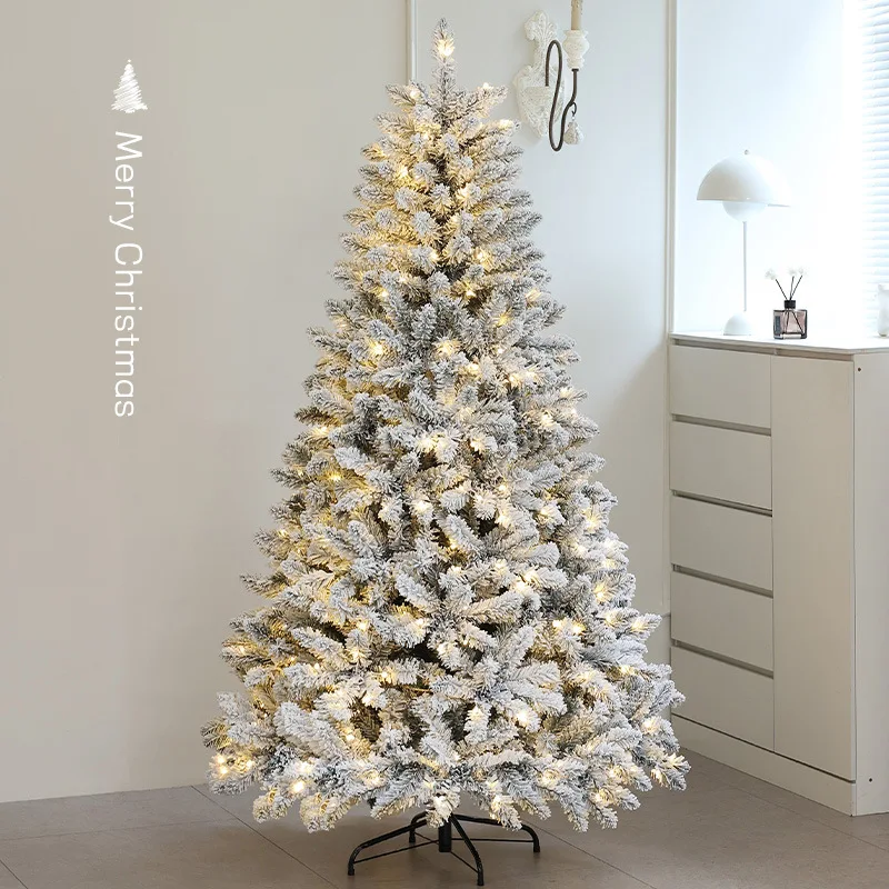 Pre-Lit Snow Flocked Christmas Tree, Hinged Artificial Xmas Tree with Stand, Many Branch Tips, Warm White LED Lights