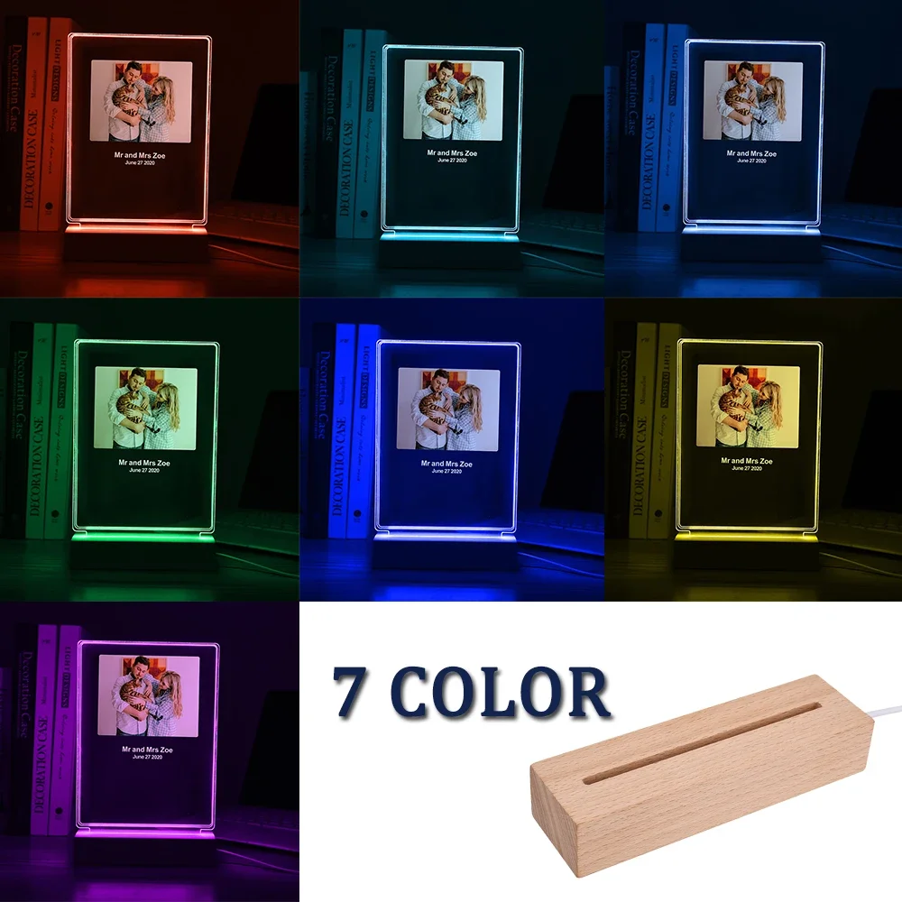 Luz de noche 3D personalizada, lámpara de foto y texto personalizada, Día de San Valentín, boda, cumpleaños, 7 colores, regalos de lámpara 3D