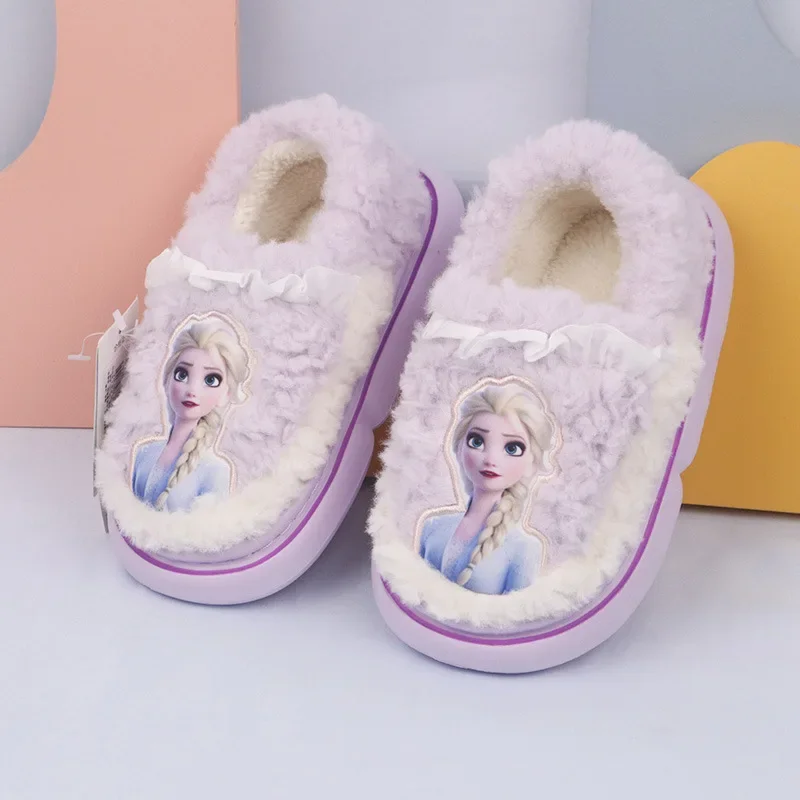 Disney Winter Girls Antiskid Cotton Shoes Children\'s Cute Cartoon Home Indoor Plush Slippers Warm Furry Kids Slipper Footwear