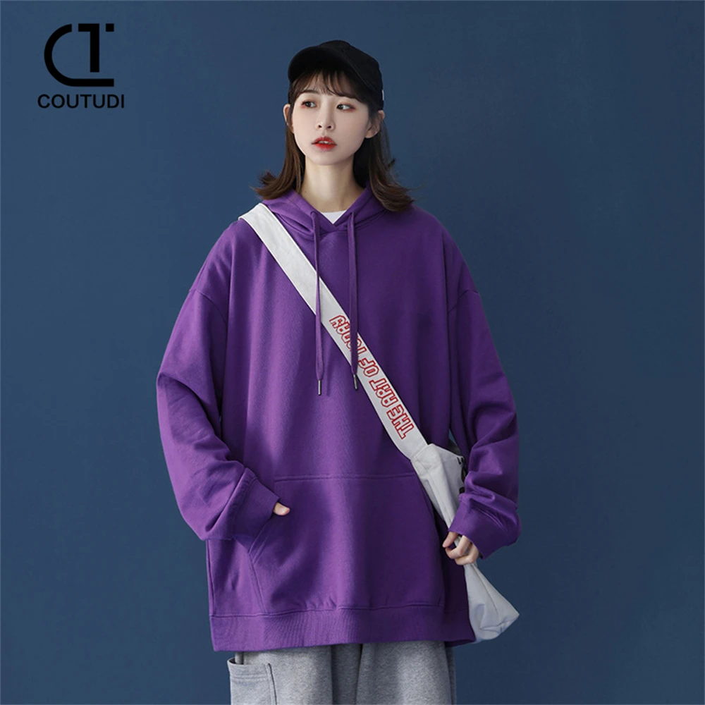 COUTUDI Korean Fashion Hooded Sweatshirt T-shirt Oversize Solid Color Women\'s Sweater Pocket Sports Loose Pullover Tops Hoodies