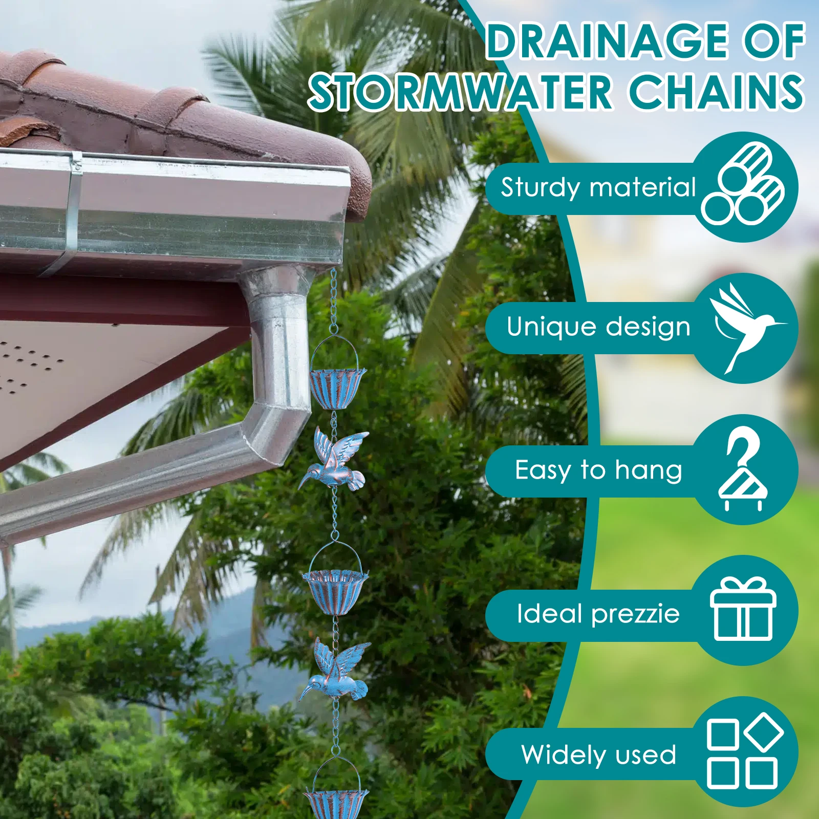 Hummingbird and Cup Rain Chain Metal Rain Catcher Chain For Gutter Roof Decoration Metal Drainage Rain Chain Outdoor Garden Deco